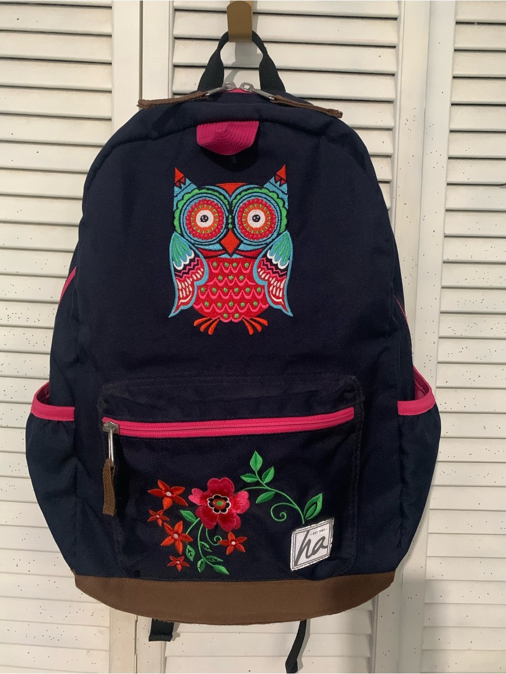 Hanna Andersson Navy Backpack with Colorful Owl & Flowers Embroidery